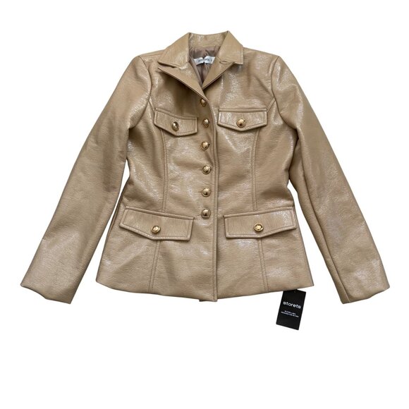 Storets Blair Beige Faux Leather Double-Breasted Jacket With Gold Button Accents - Picture 1 of 11
